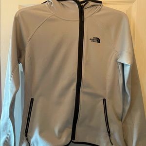 The North Face Women's Light Gray Hooded Softshell Jacket with Black Trim